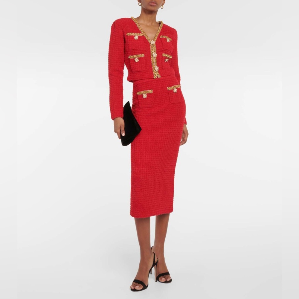 Self-Portrait Baroque Pearl Buttons Red Knit Cardigan & Midi Skirt Set XS NWOT
